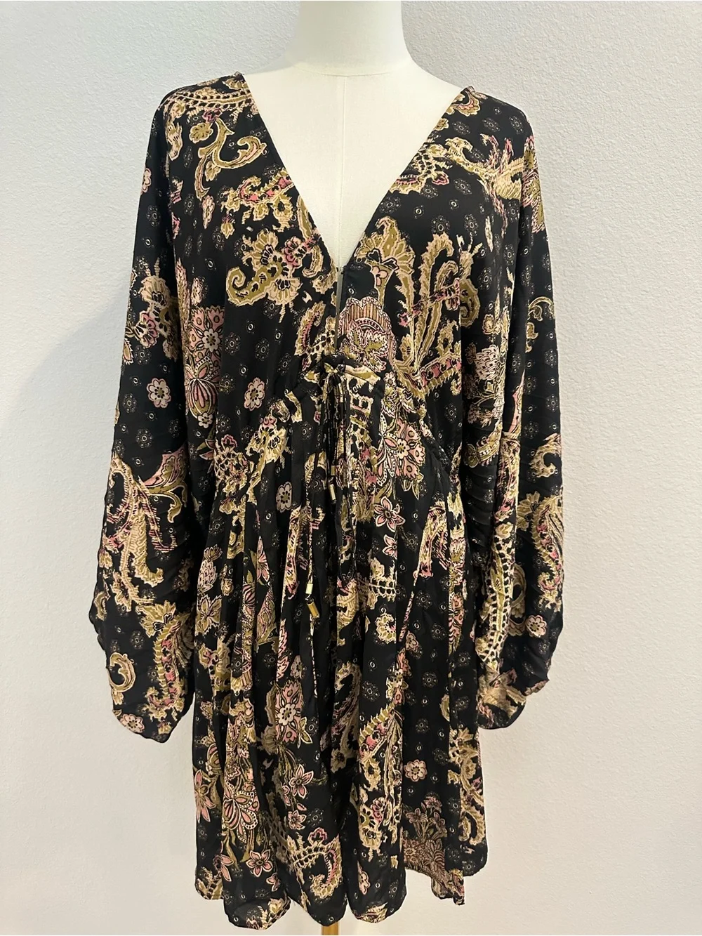 Free People Arzel Paisley Mini Dress Black Boho Balloon Sleeve S